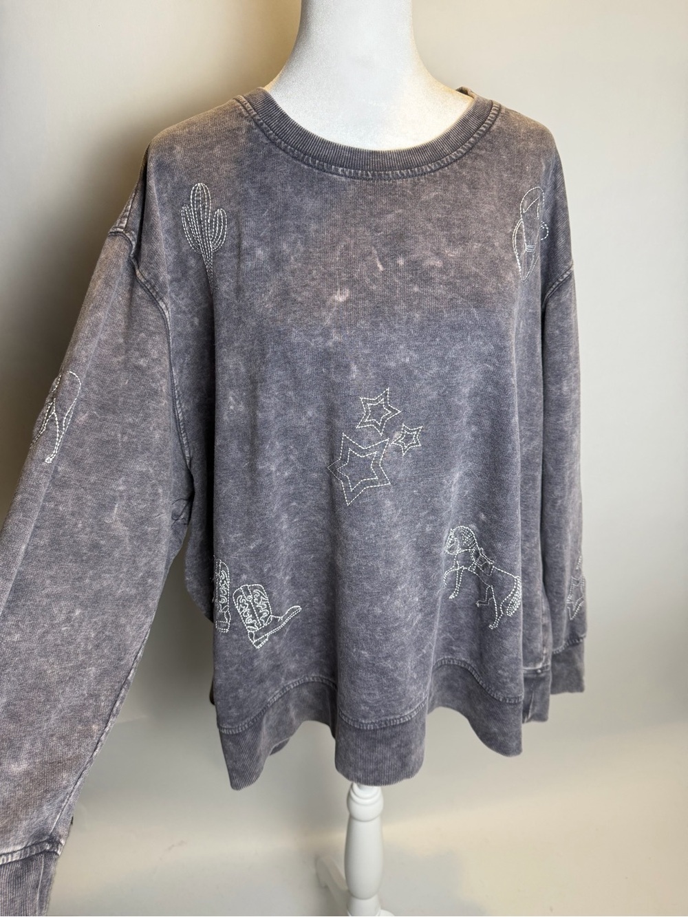 Jane & Delancey Gray Mineral Wash Sweatshirt with Embroidered Western Motifs